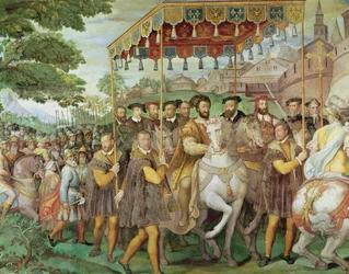 V. Károly császár (1500-58), I. Ferenc (1494-1547) és Alessandro Farnese (1546-92) ünnepélyes beléptetése Párizsba 1540-ben a „Sala dei Fasti Farnese”-ból, 1557-66 (részlet: 133347, lát